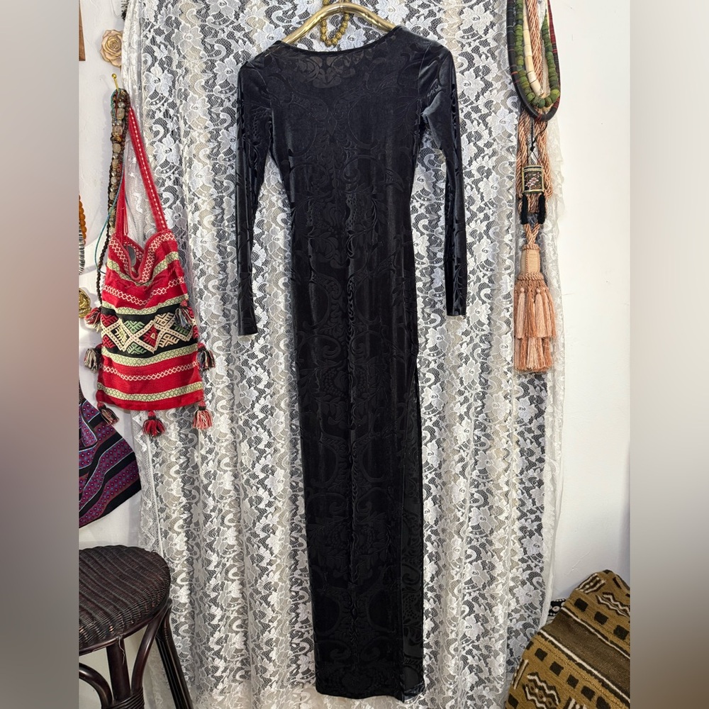 NWOT Symphony dark gray Backless Long Sleeve Dress burnout velvet paisley sheer